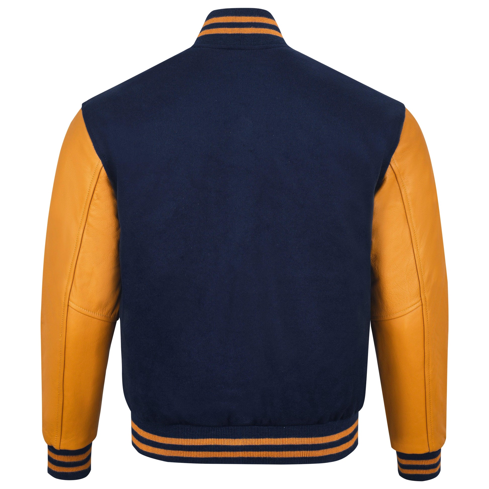 Warrior Gears® Classic Varsity Jacket University Letterman Bomber Jacket- Navy Blue Pure Wool Body & Gold/Yellow Real Leather Sleeves - Warrior Gears