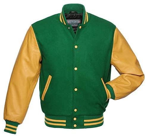 Warrior Gears® Classic Varsity Jacket University Letterman Bomber Jacket- Kelly Green Pure Wool Body & Gold Real Leather Sleeves - Warrior Gears