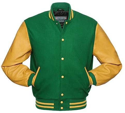 Warrior Gears® Classic Varsity Jacket University Letterman Bomber Jacket- Kelly Green Pure Wool Body & Gold Real Leather Sleeves - Warrior Gears