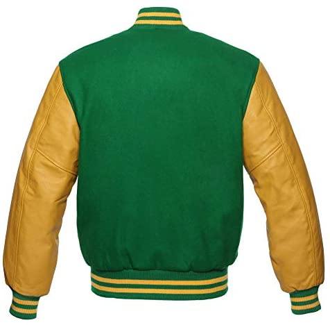 Warrior Gears® Classic Varsity Jacket University Letterman Bomber Jacket- Kelly Green Pure Wool Body & Gold Real Leather Sleeves - Warrior Gears