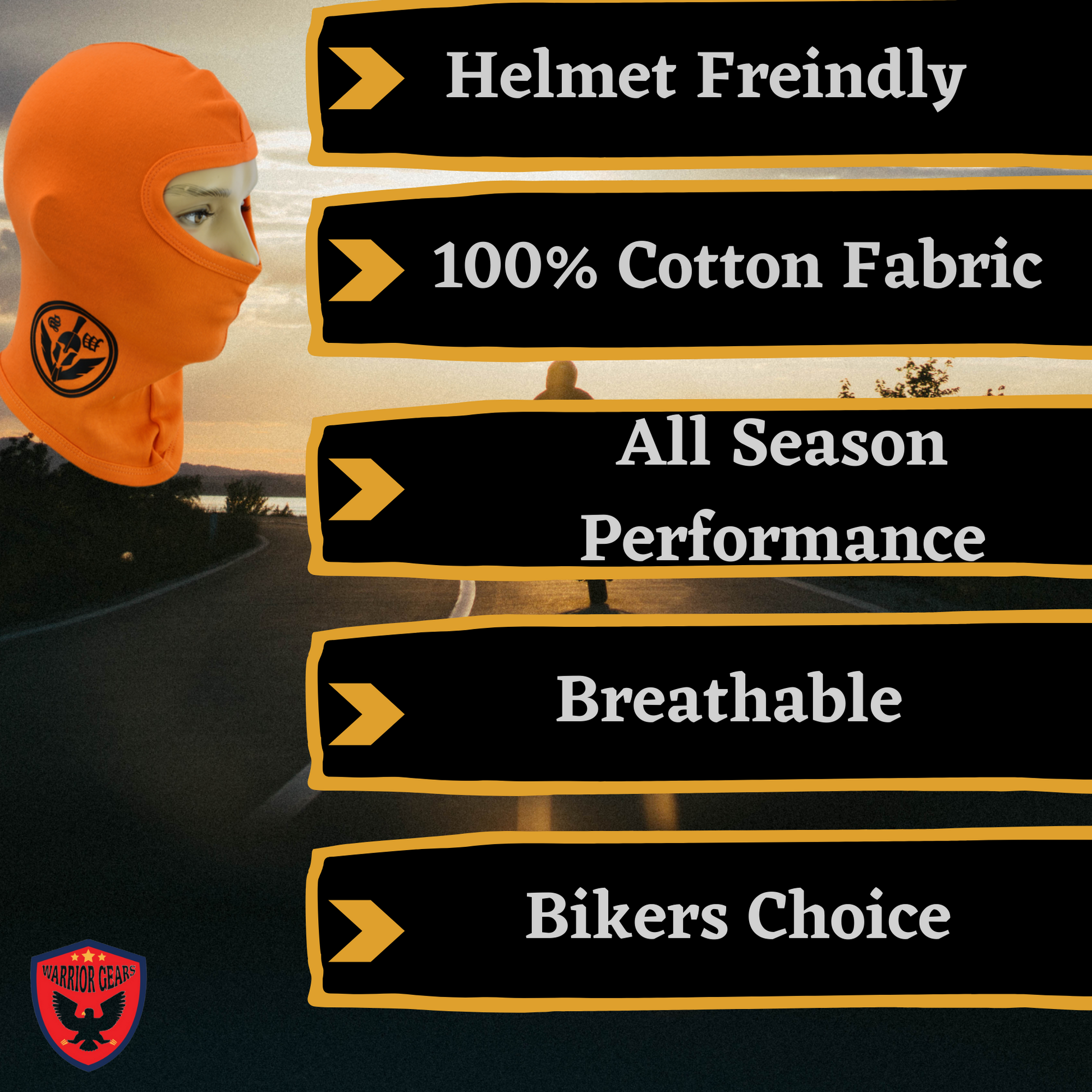 Warrior Gears®100% Cotton Motorcycle Balaclava | Face Mask -Orange - Warrior Gears
