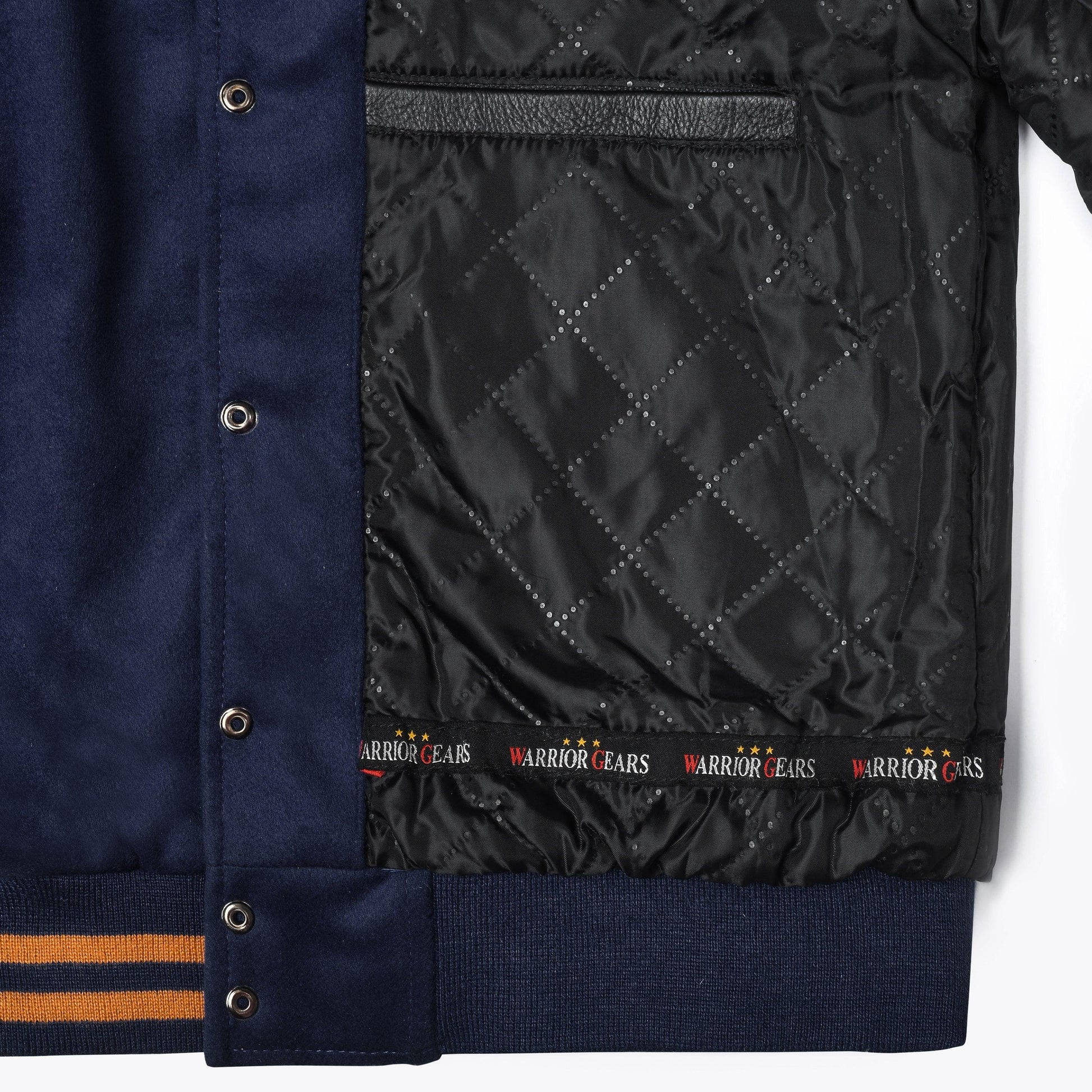 Warrior Gears® Classic Varsity Jacket University Letterman Bomber Jacket- Navy Blue Pure Wool Body & Gold/Yellow Real Leather Sleeves - Warrior Gears
