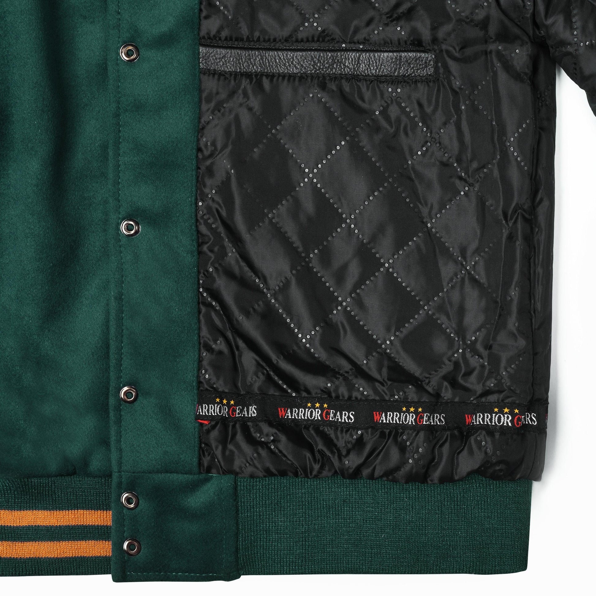 Warrior Gears® Classic Varsity Jacket University Letterman Bomber Jacket- Kelly Green Pure Wool Body & Gold Real Leather Sleeves - Warrior Gears