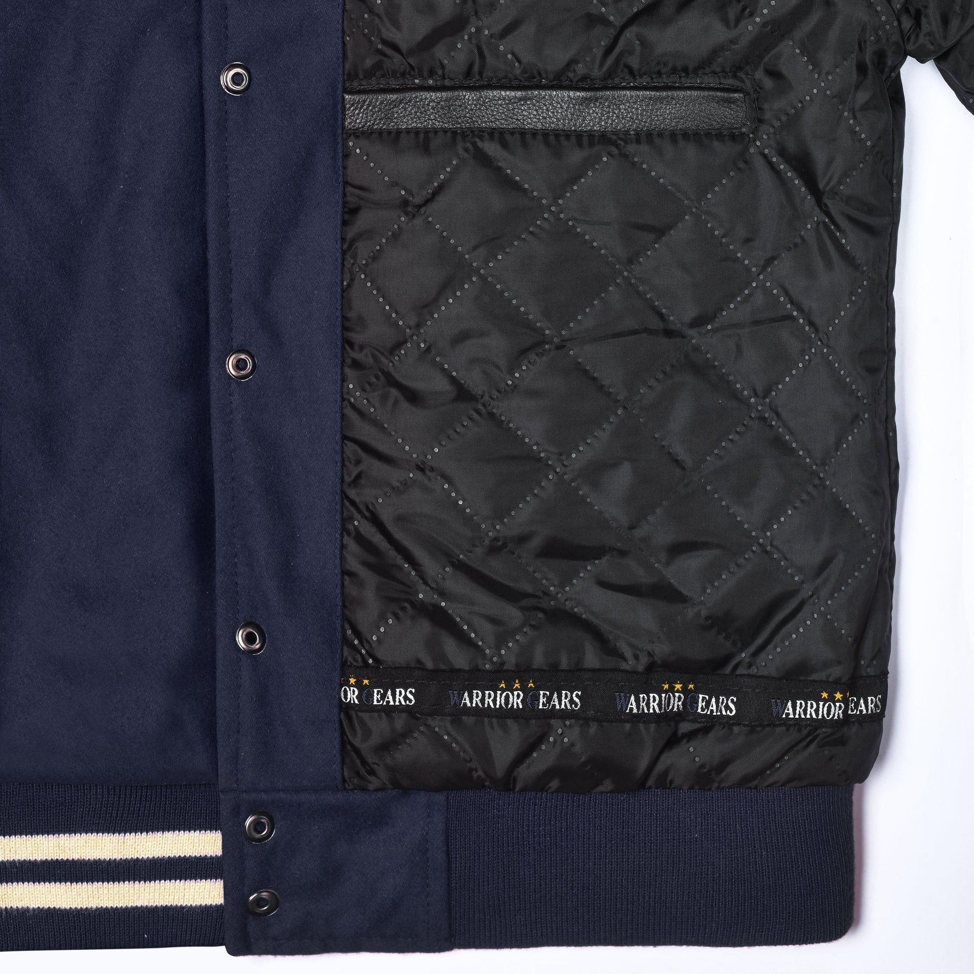 Warrior Gears® Classic Varsity Jacket University Letterman Bomber Jacket- Navy Pure Wool Body & Creme Real Leather Sleeves - Warrior Gears