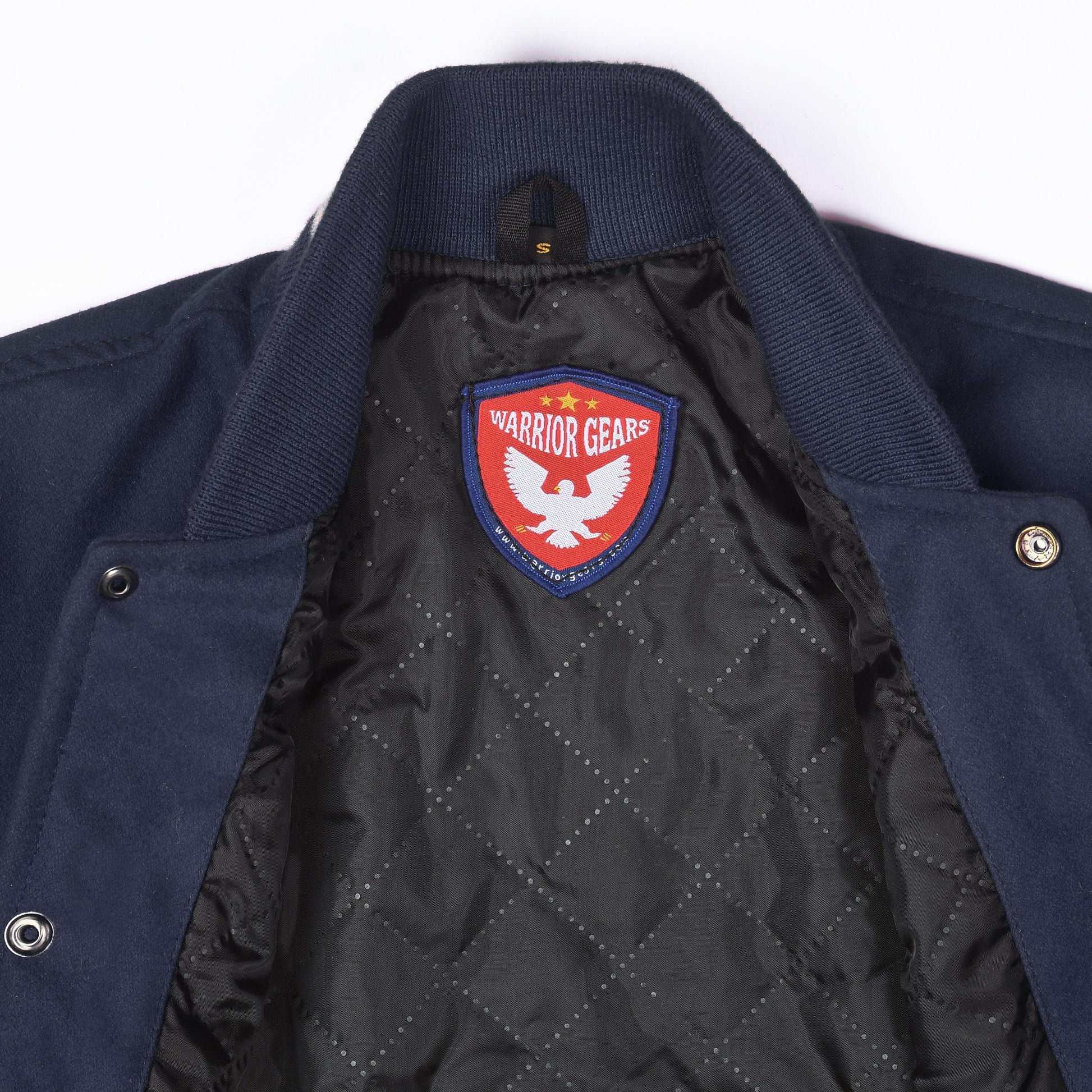 Warrior Gears® Classic Varsity Jacket University Letterman Bomber Jacket- Navy Pure Wool Body & Creme Real Leather Sleeves - Warrior Gears
