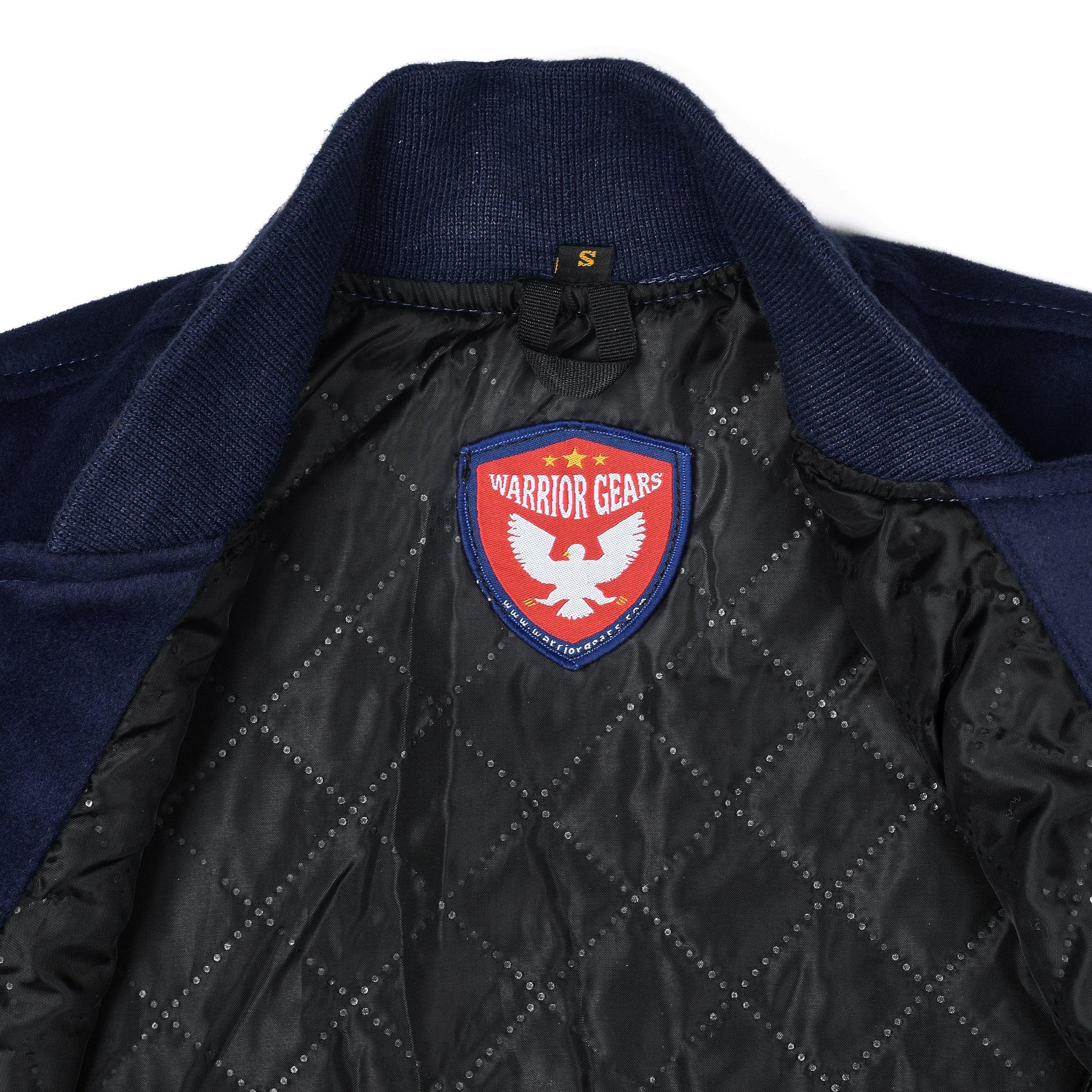 Warrior Gears® Classic Varsity Jacket University Letterman Bomber Jacket- Navy Blue Pure Wool Body & Gold/Yellow Real Leather Sleeves - Warrior Gears