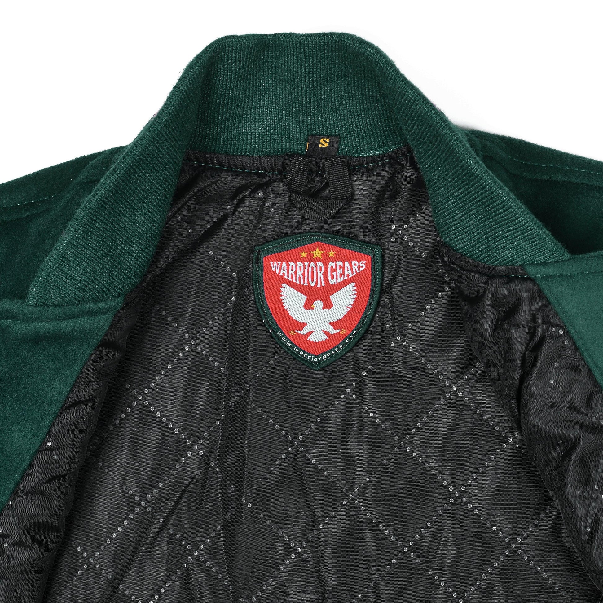 Warrior Gears® Classic Varsity Jacket University Letterman Bomber Jacket- Kelly Green Pure Wool Body & Gold Real Leather Sleeves - Warrior Gears