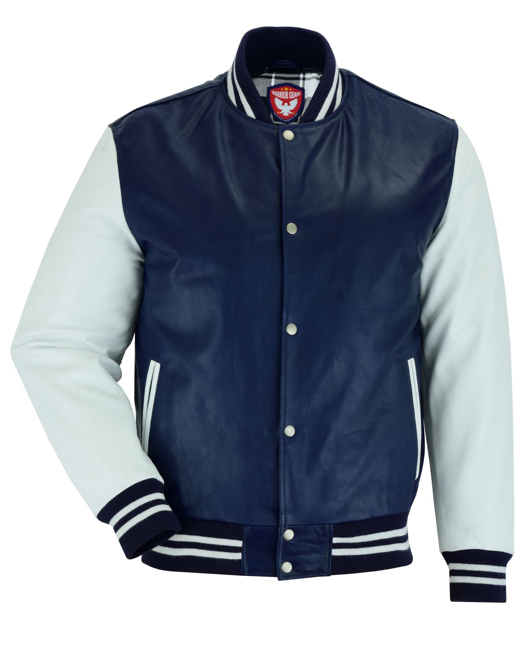 Warrior Gears® Leather Varsity Jacket -Blue Leather Body & White Leather Sleeves - Warrior Gears