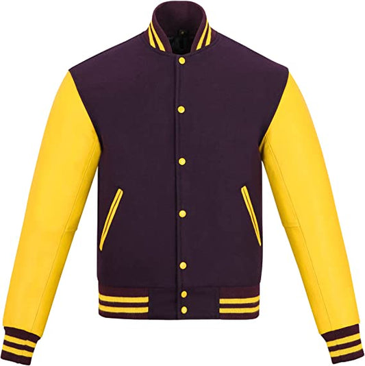 Warrior Gears Classic Hybrid Varsity Jacket for Kids, Toddler Letterman Bomber Jacket for Boys, Unisex Varsity Jacket Girls, Purple Pure Wool Body & Yellow Cowhide Leather Sleeves