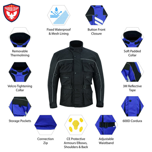 Warrior Gears 6 Pockets Mens Motorcycle Jacket, Textile Racing Motorbike Jacket, Hi-Vis Biker CE Protective Armored Jackets Mens Waterproof & Mesh Lining Breathable - Black