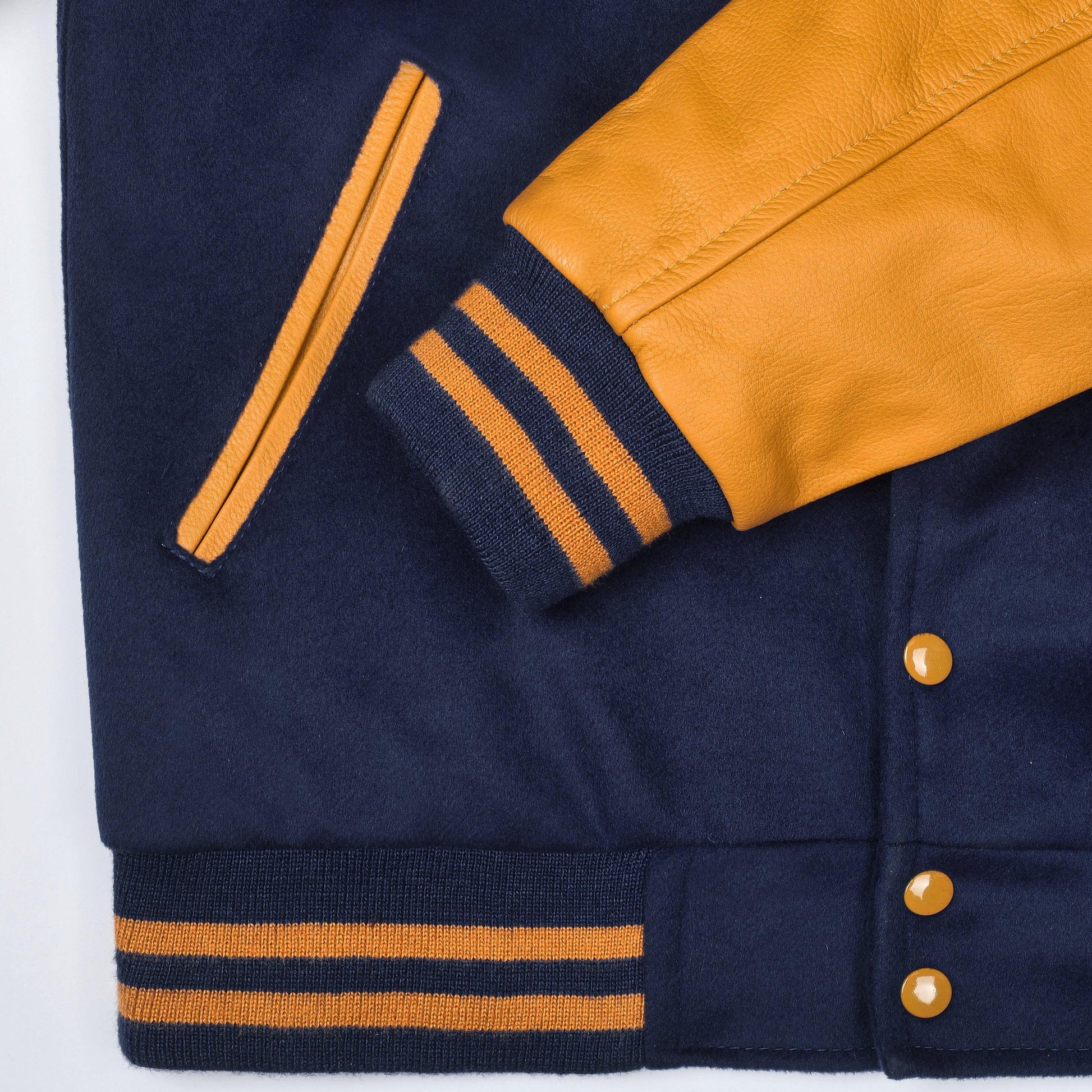 Warrior Gears® Classic Varsity Jacket University Letterman Bomber Jacket- Navy Blue Pure Wool Body & Gold/Yellow Real Leather Sleeves - Warrior Gears