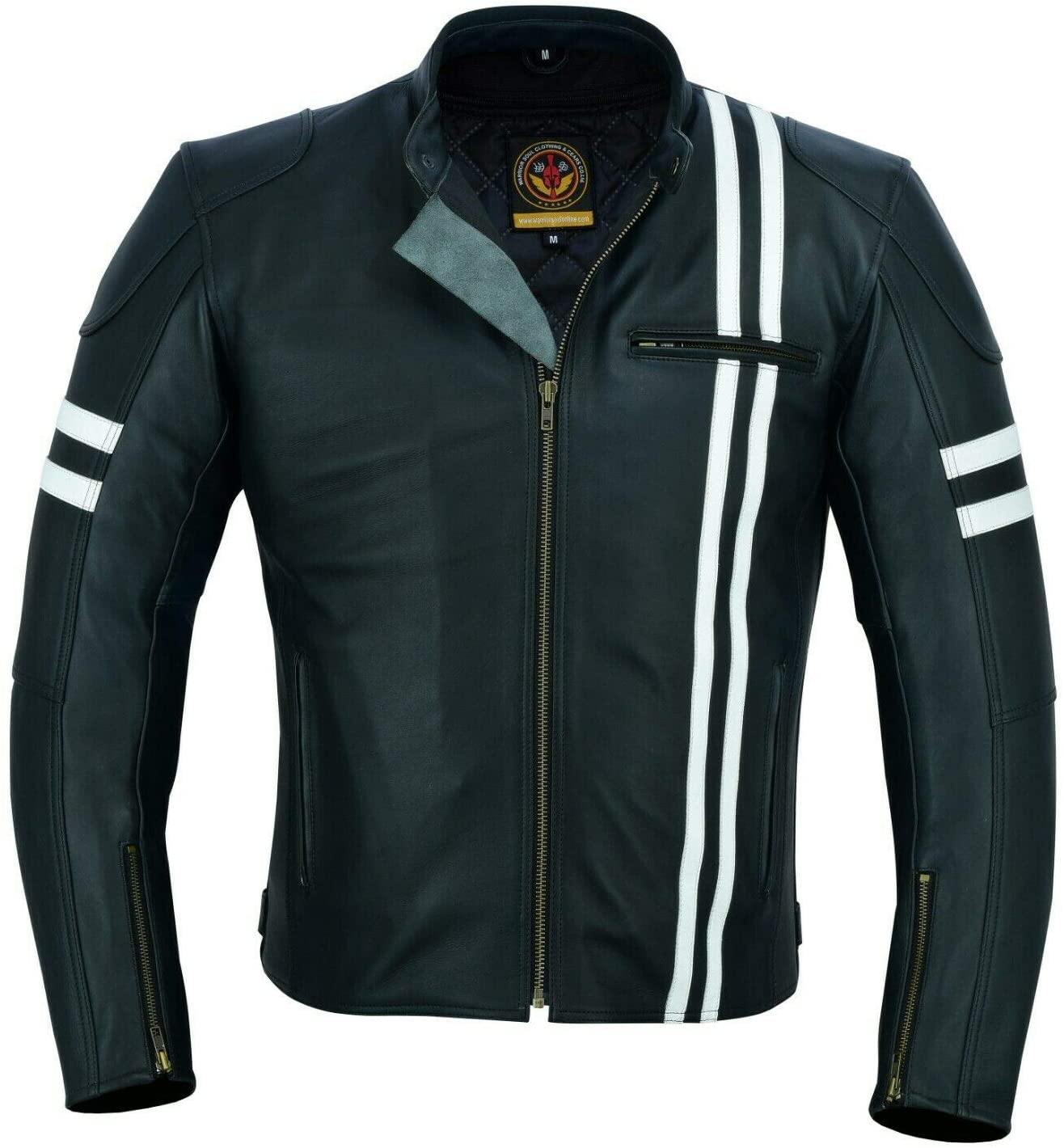 Warrior Gears® Real Leather Motorcycle Jacket for Men | Cowhide Nappa | Genuine Leather | Harley Stripe Style -White - Warrior Gears