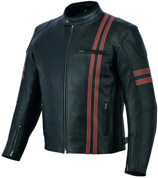 Warrior Gears® Real Leather Motorcycle Jacket for Men | Cowhide Nappa | Genuine Leather | Harley Stripe Style -Red - Warrior Gears