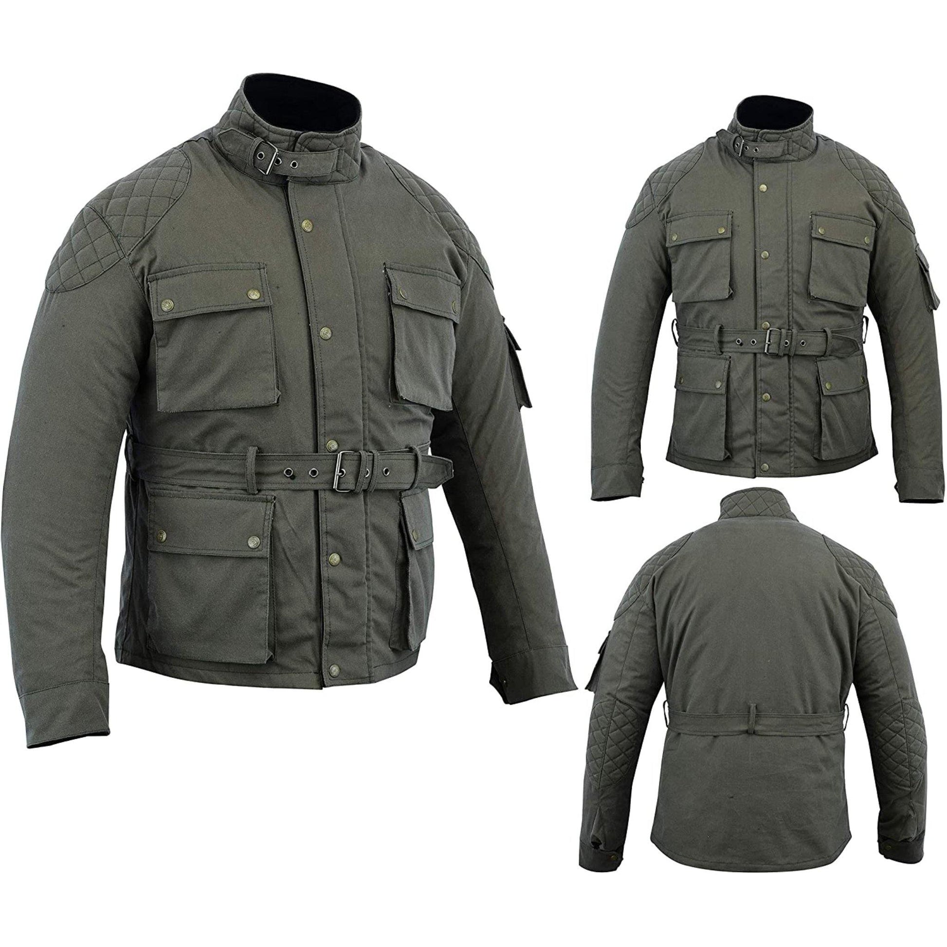Warrior Gears® Men's Wax Cotton Waxed Motorcycle Jacket, Motorbike Top Waterproof - Army Green - Warrior Gears