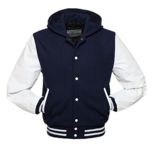 Warrior Gears Classic Varsity Jacket with Hood University Letterman Bomber Jacket- Navy Blue Pure Wool Body & White Real Leather Sleeves - Warrior Gears