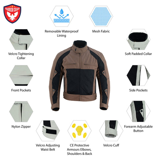 Warrior Gears Mens Air Mesh Motorbike Jackets with Armours Brown