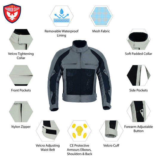Warrior Gears Mens Air Mesh Motorbike Jackets with Armours Grey