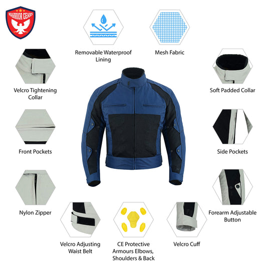 Warrior Gears Mens Air Mesh Motorbike Jackets with Armours Blue