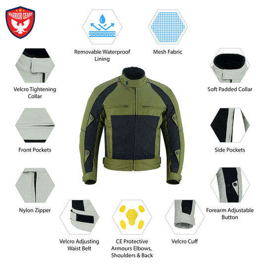 Warrior Gears Mens Air Mesh Motorbike Jackets with Armours Olive