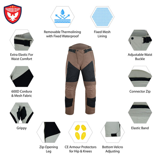Warrior Gears Mens Air Mesh Motorcycle Trousers With Armours - Brown