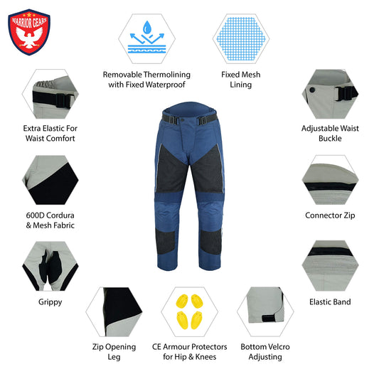 Warrior Gears Mens Air Mesh Motorcycle Trousers With Armours - Navy
