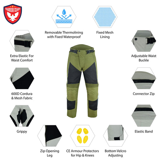 Warrior Gears Mens Air Mesh Motorcycle Trousers With Armours - Olive Green