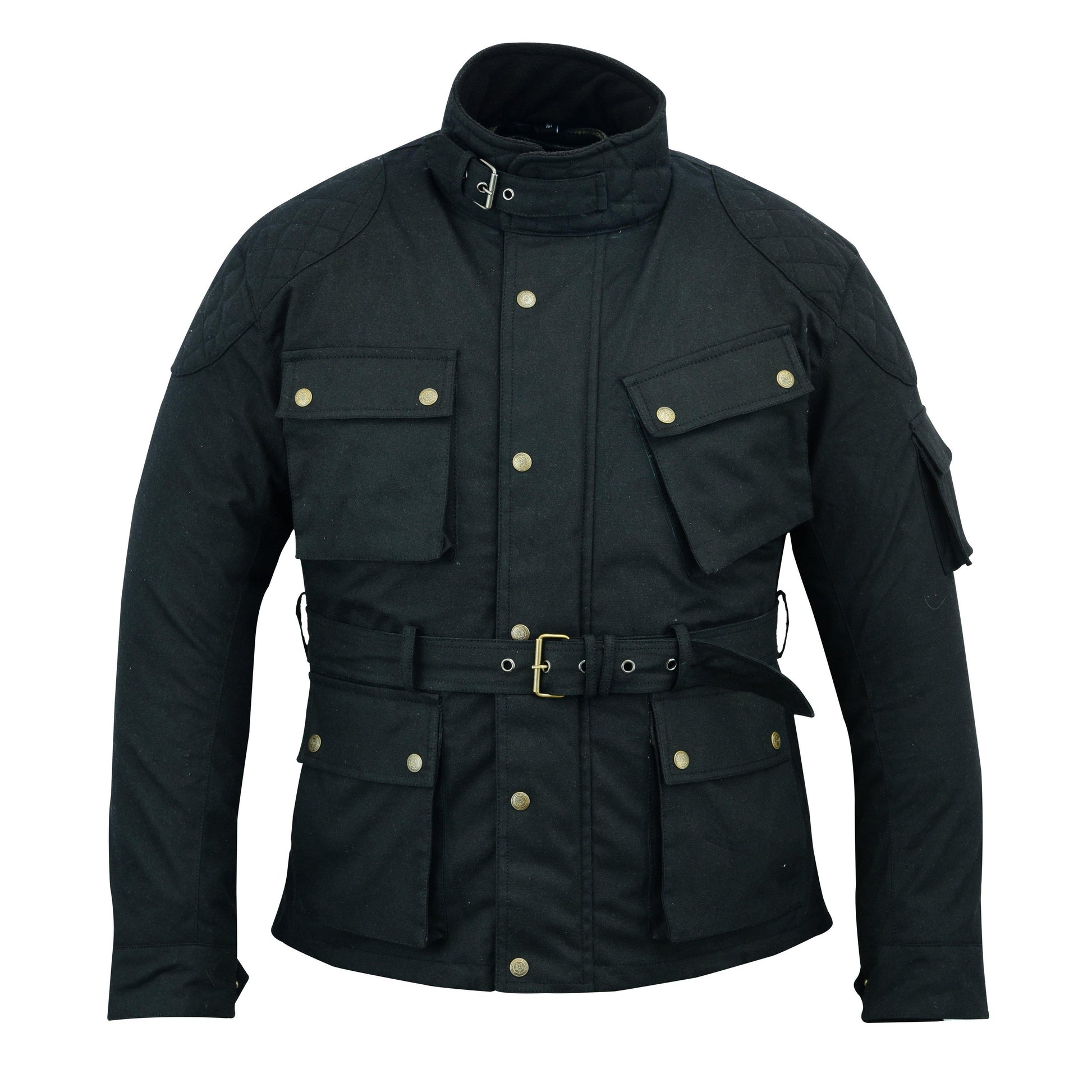 Warrior Waxed Cotton Motorcycle Suit Textile Motorbike Waterproof Lined CE Protectors - Black - Warrior Gears