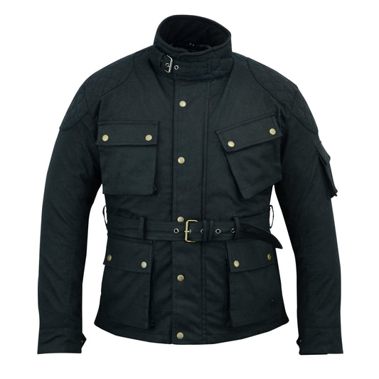 Warrior Waxed Cotton Motorcycle Suit Textile Motorbike Waterproof Lined CE Protectors - Black - Warrior Gears