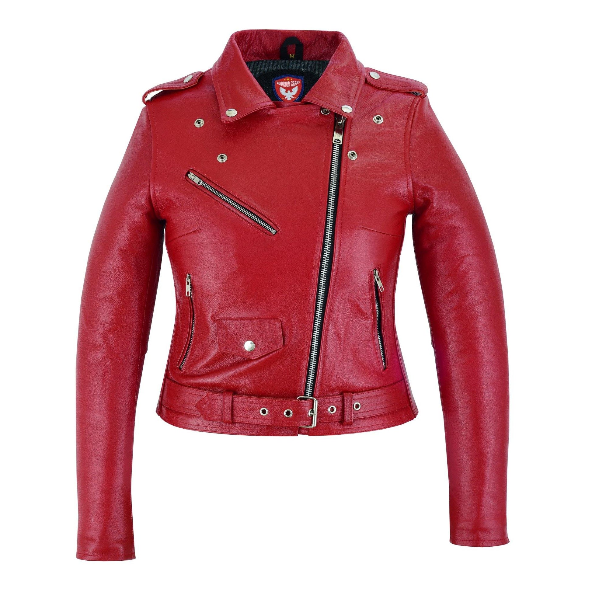 Warrior Gears® Brando Style Ladies Leather Motorcycle Jacket - Red - Warrior Gears