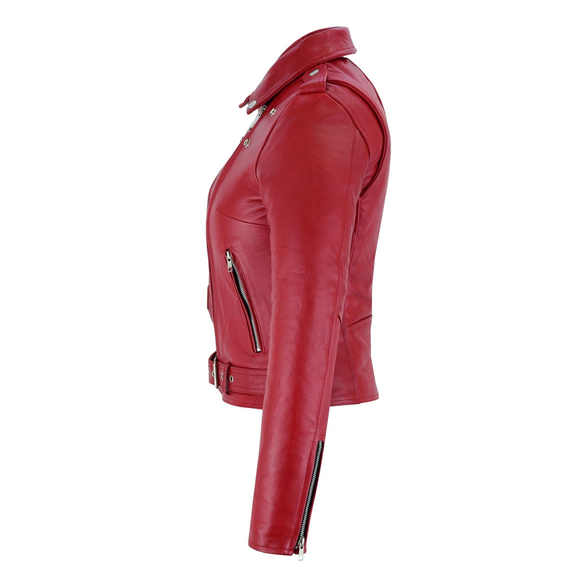 Warrior Gears® Brando Style Ladies Leather Motorcycle Jacket - Red - Warrior Gears
