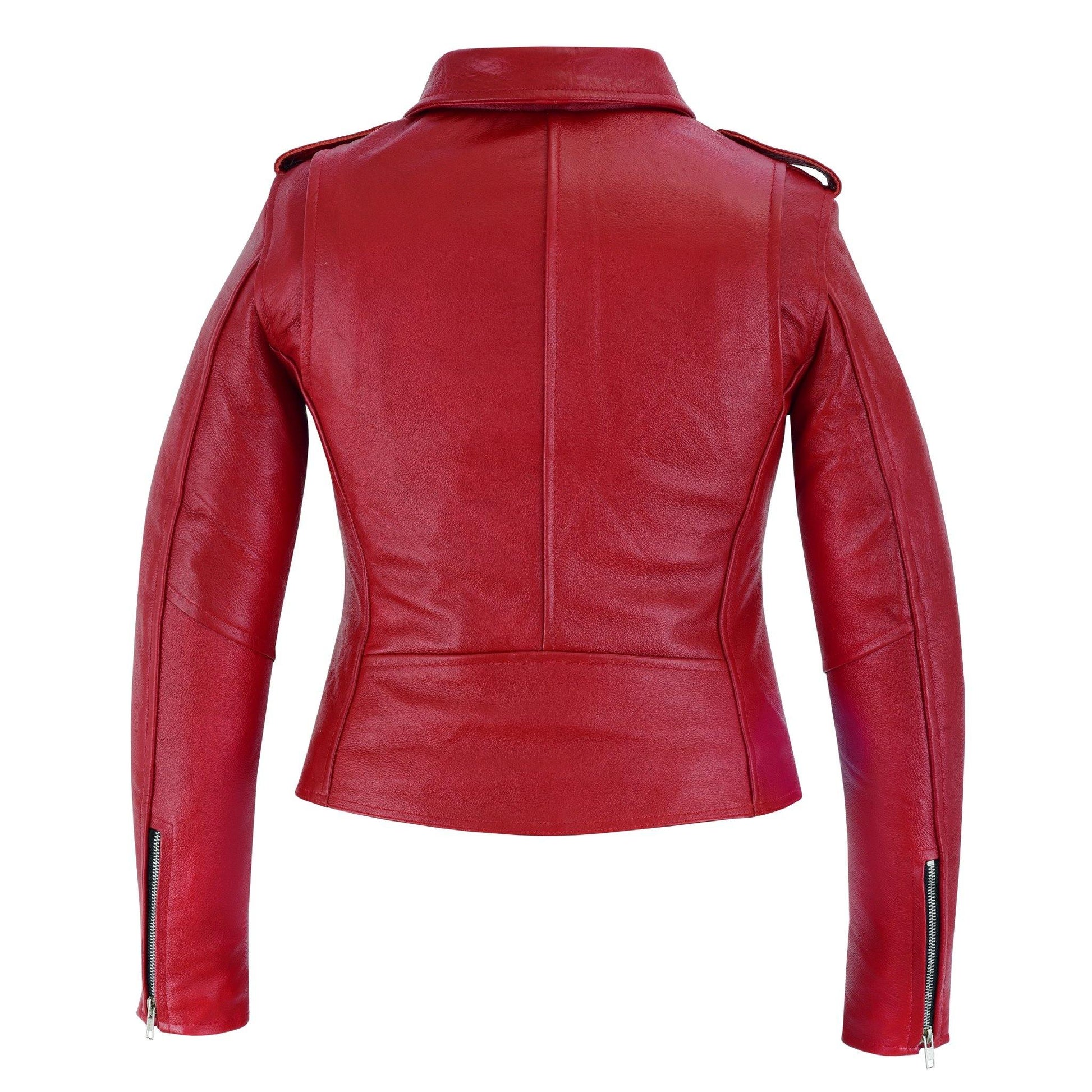 Warrior Gears® Brando Style Ladies Leather Motorcycle Jacket - Red - Warrior Gears
