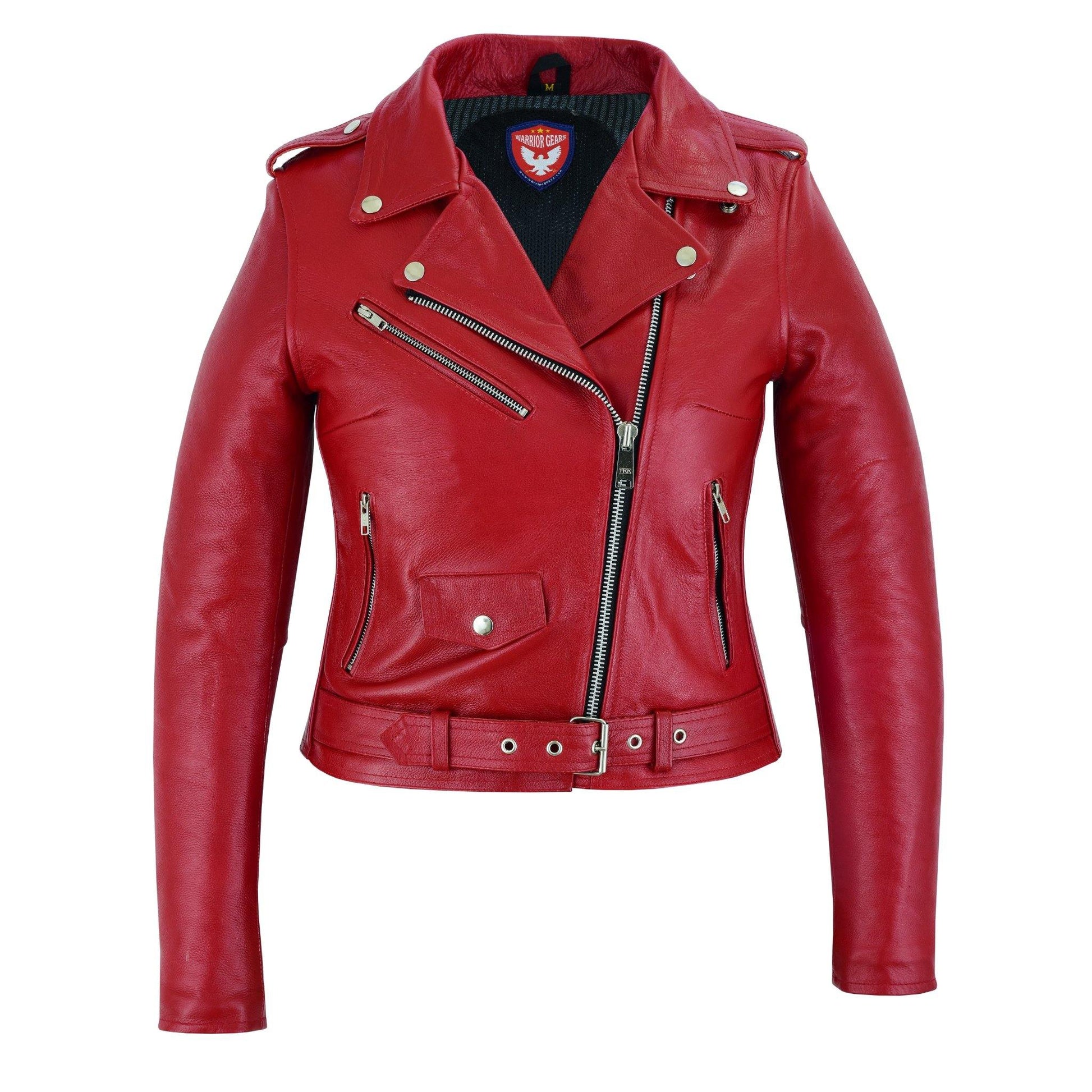 Warrior Gears® Brando Style Ladies Leather Motorcycle Jacket - Red - Warrior Gears