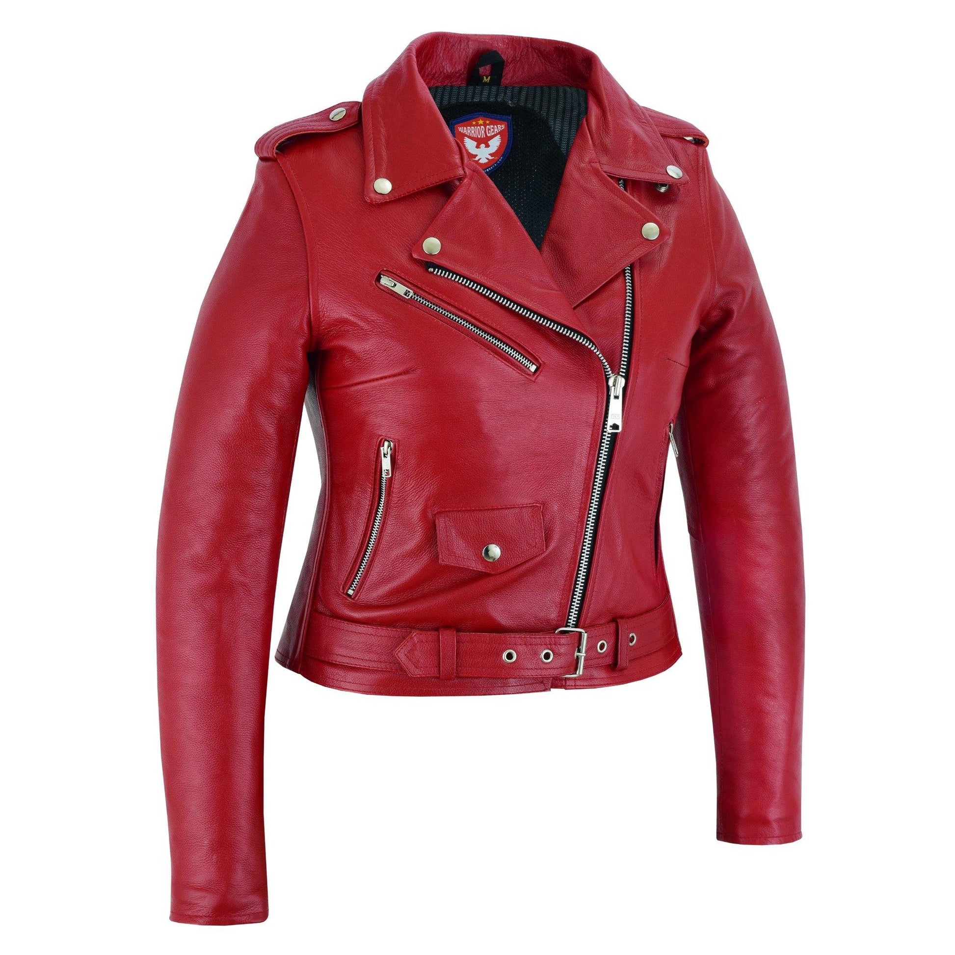 Warrior Gears® Brando Style Ladies Leather Motorcycle Jacket - Red - Warrior Gears
