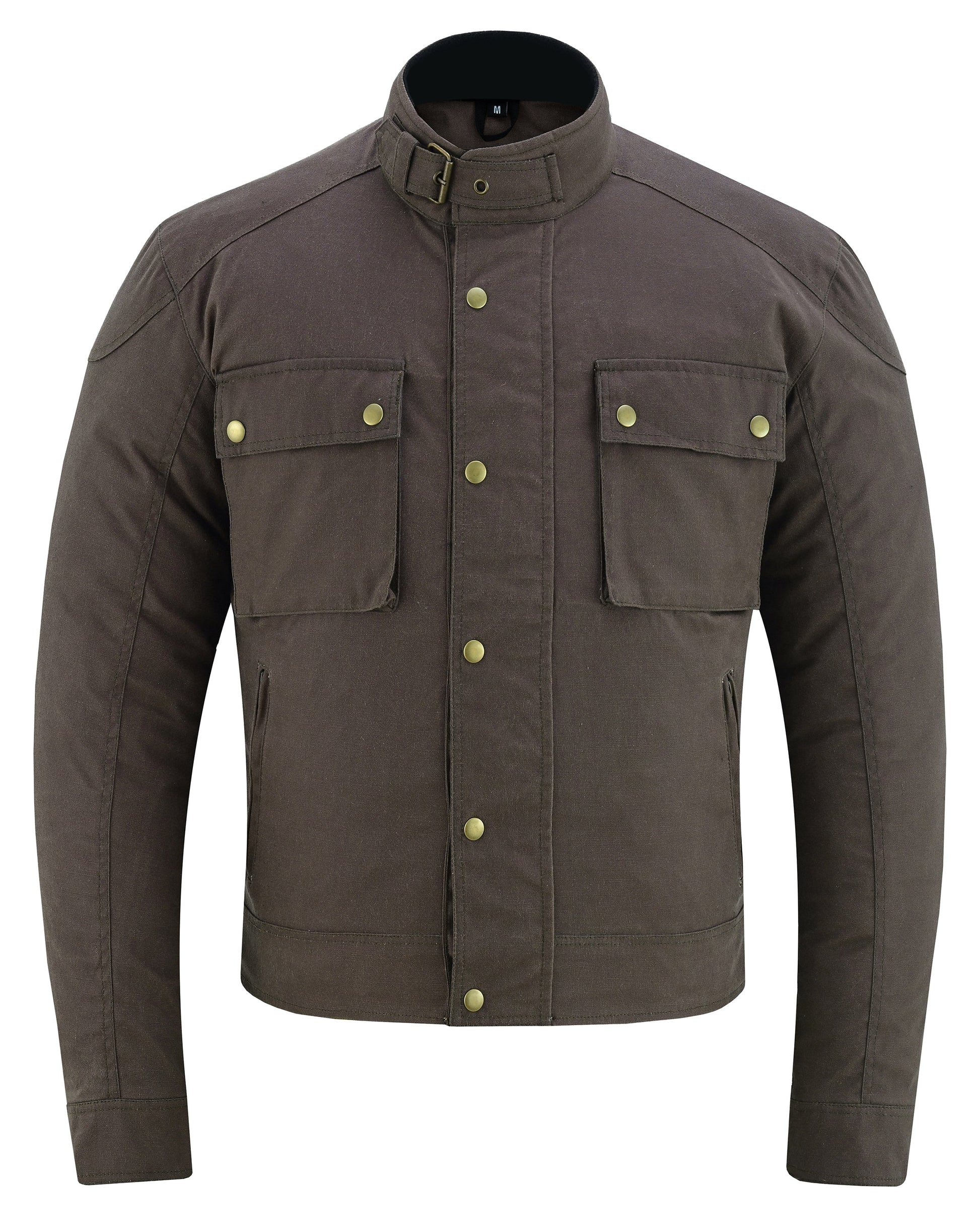 A brown waxed cotton motorcycle jacket with a mandarin collar, short sleeves, and front pockets. It features padded neck and adjustable fittings.