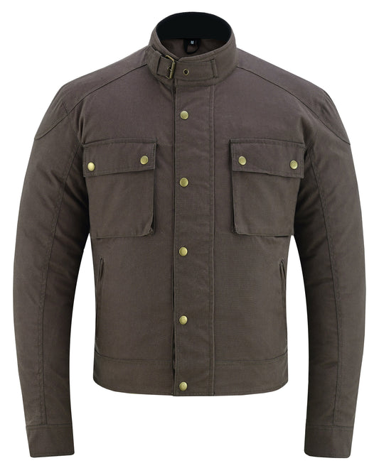 A brown waxed cotton motorcycle jacket with a mandarin collar, short sleeves, and front pockets. It features padded neck and adjustable fittings.