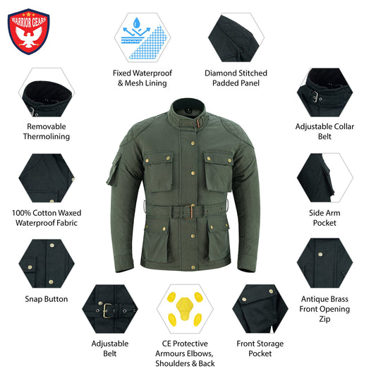 Warrior Gears Ladies Waxed Cotton Motorcycle Jackets With Armours Military Green
