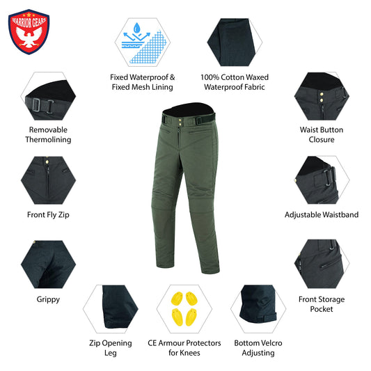 Warrior Gears Ladies Waxed Cotton  Motorbike Trouser Military Green