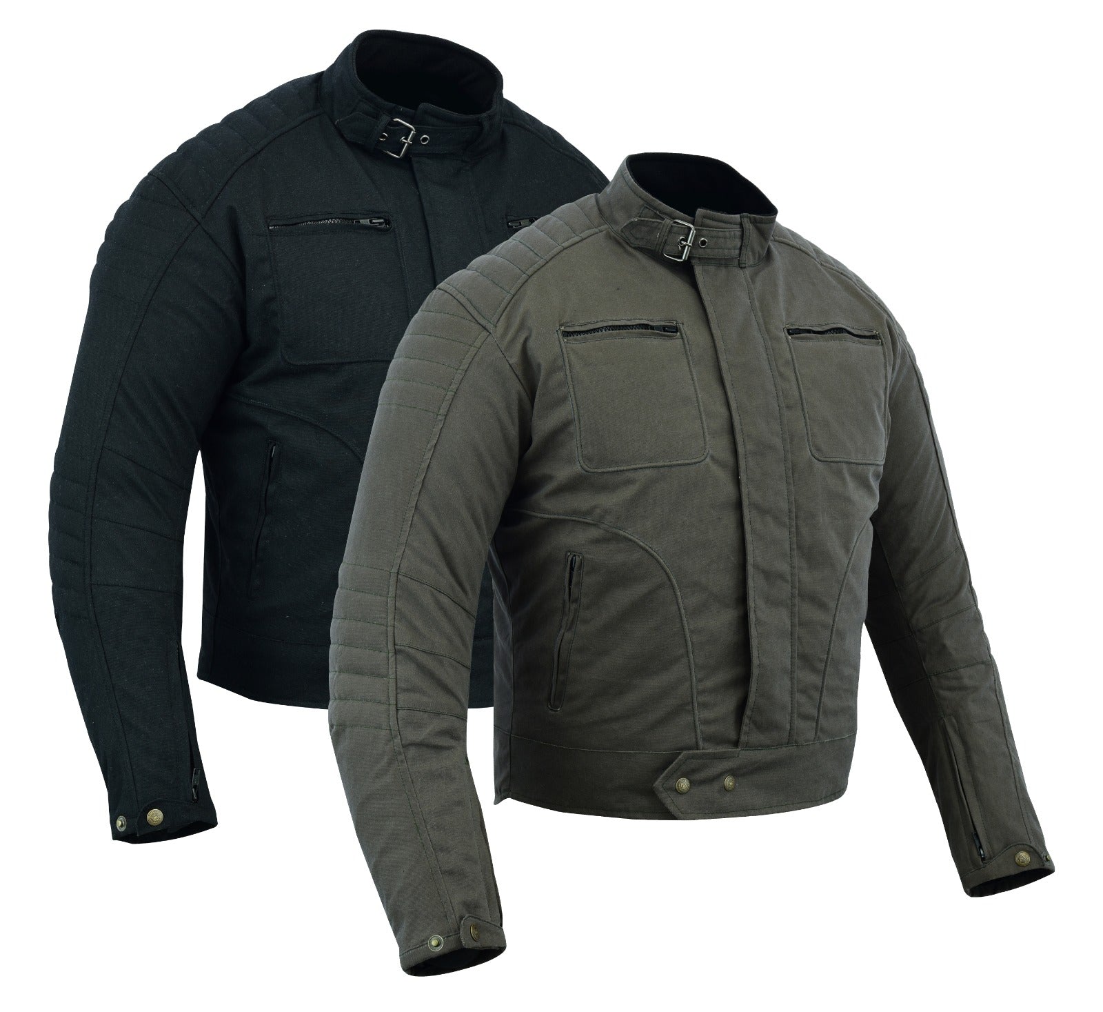 Two motorcycle jackets, one in black and one in green, with a fleece-lined collar and padded neck lining, displayed on mannequin busts.