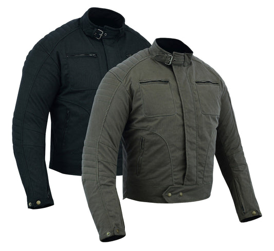 Two motorcycle jackets, one in black and one in green, with a fleece-lined collar and padded neck lining, displayed on mannequin busts.