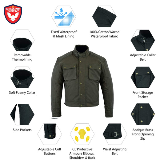 Warrior Gears Men’s Wax Cotton Motorcycle Jacket – Short Body, Military Green