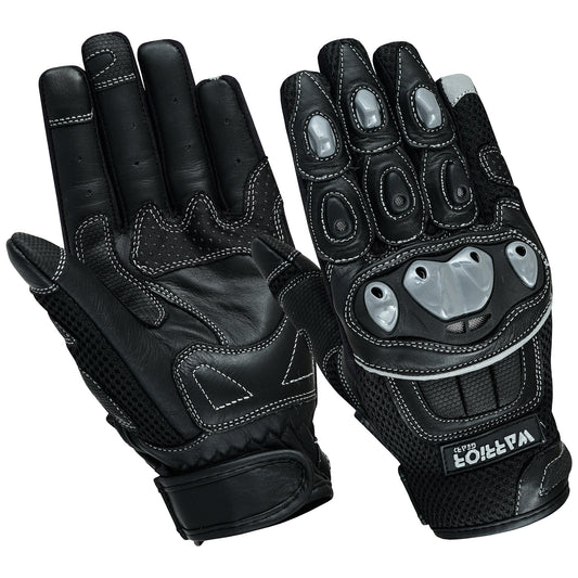 A pair of Warrior Gears men's motorcycle summer air mesh protection gloves made from genuine cowhide leather, predominantly black in color, with protective elements and a brand rubber logo visible.