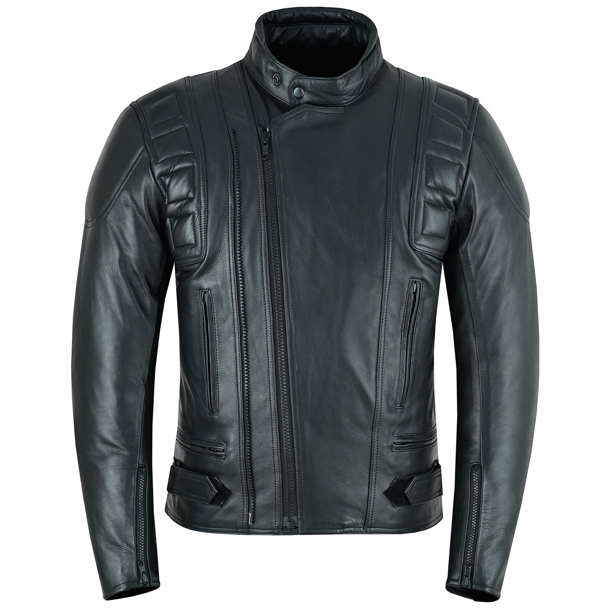 A black leather motorcycle jacket with a standing collar, zipper closure, and quilted panel detailing. It features side zipper pockets and brass zippers.