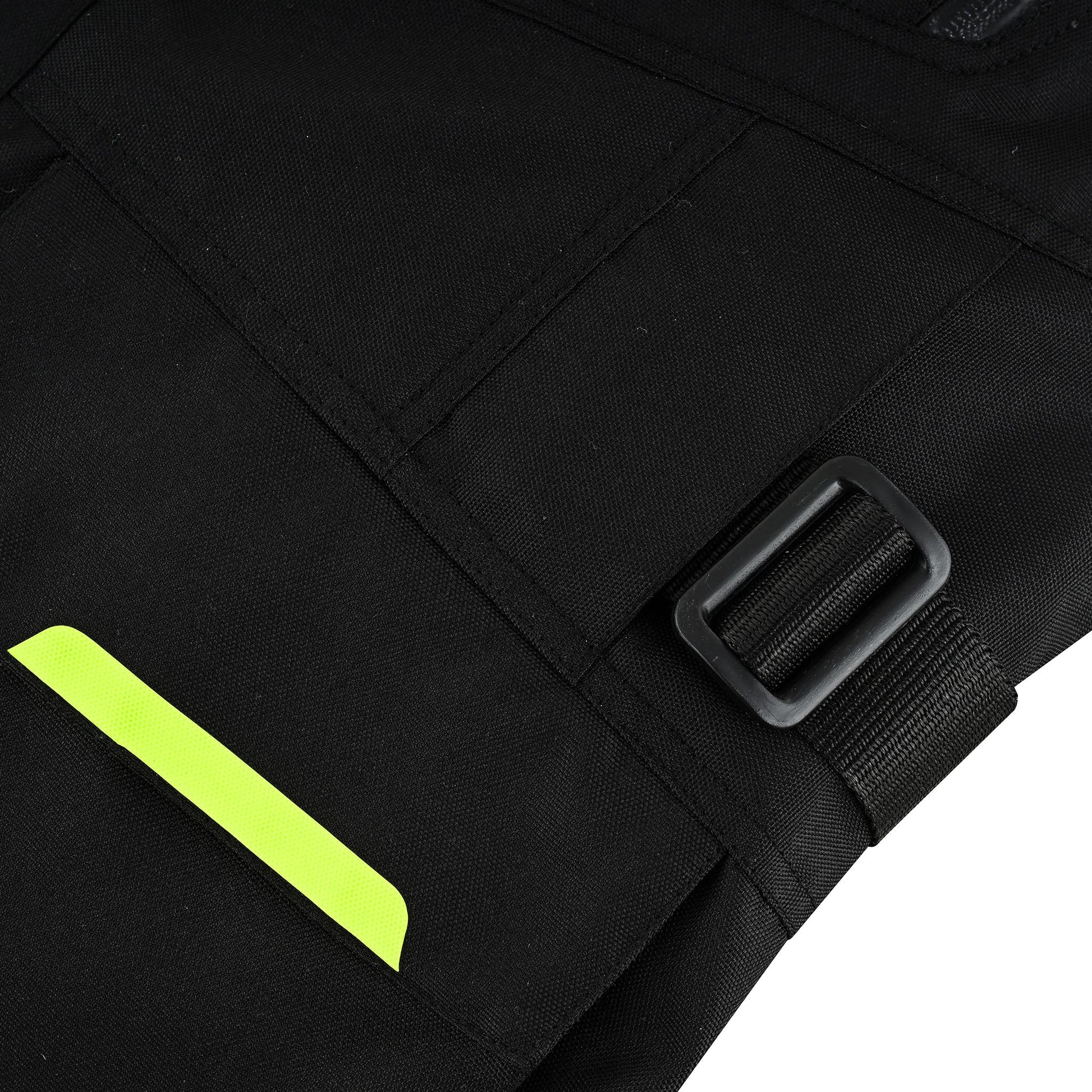Close-up of the jacket's lower side, showing a black webbing adjustment strap and plastic buckle next to a bright, fluorescent hi-visibility yellow accent panel.