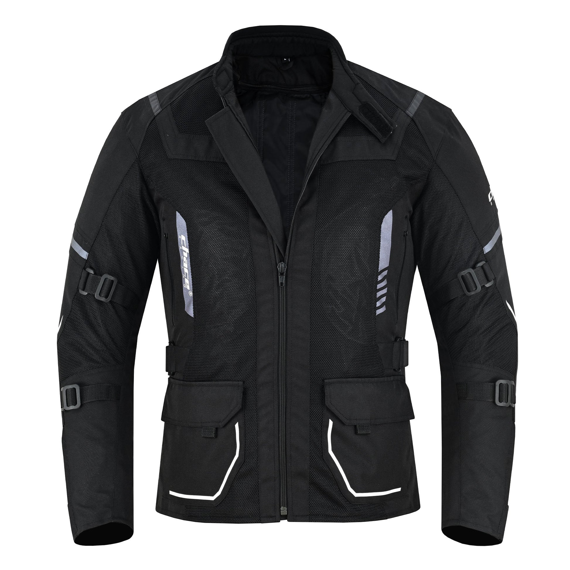 The black mesh touring jacket is unzipped and pulled back, showing the main zipper area, the stand collar, and the large mesh panels on the chest and torso.