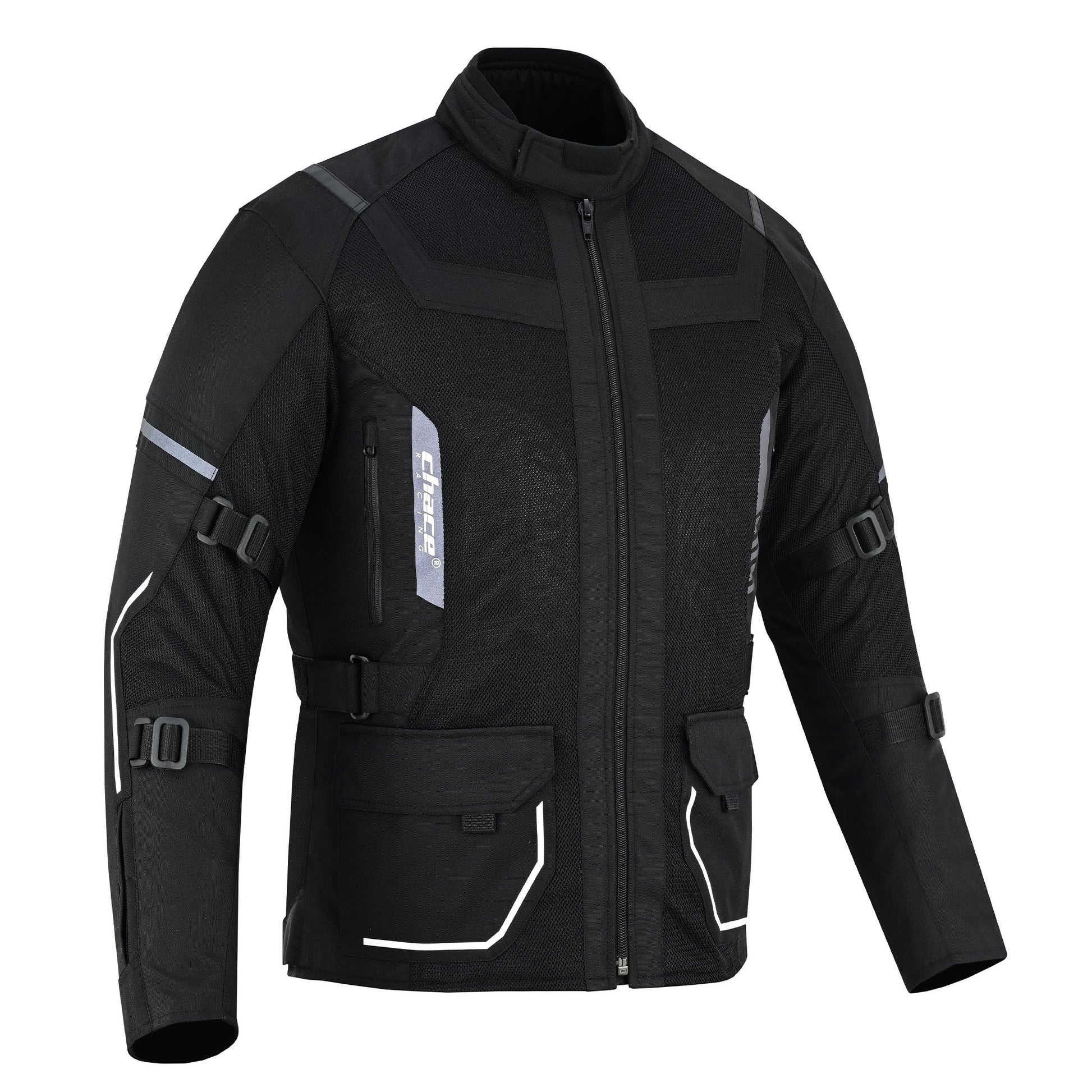 Angled three-quarter front view of the black mesh touring jacket, emphasizing the chest mesh, the large cargo pockets, and the multi-point adjustment straps on the arms and sides.