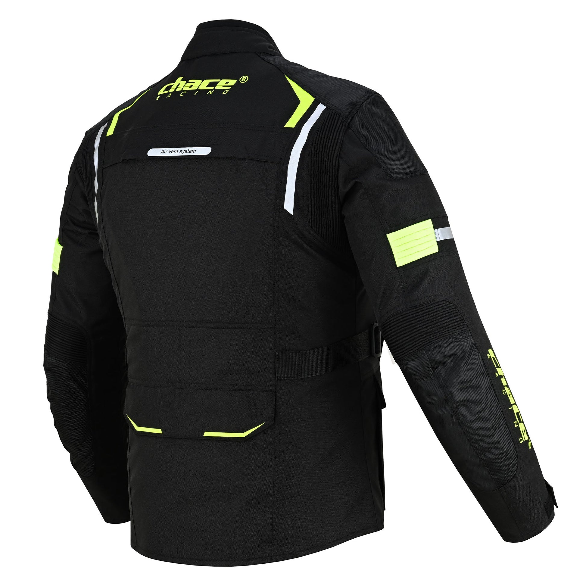 Angled three-quarter rear view of the black jacket with hi-vis yellow accents, showing the rear ventilation system, the lower back cargo pocket flap, and the reflective piping on the shoulder.