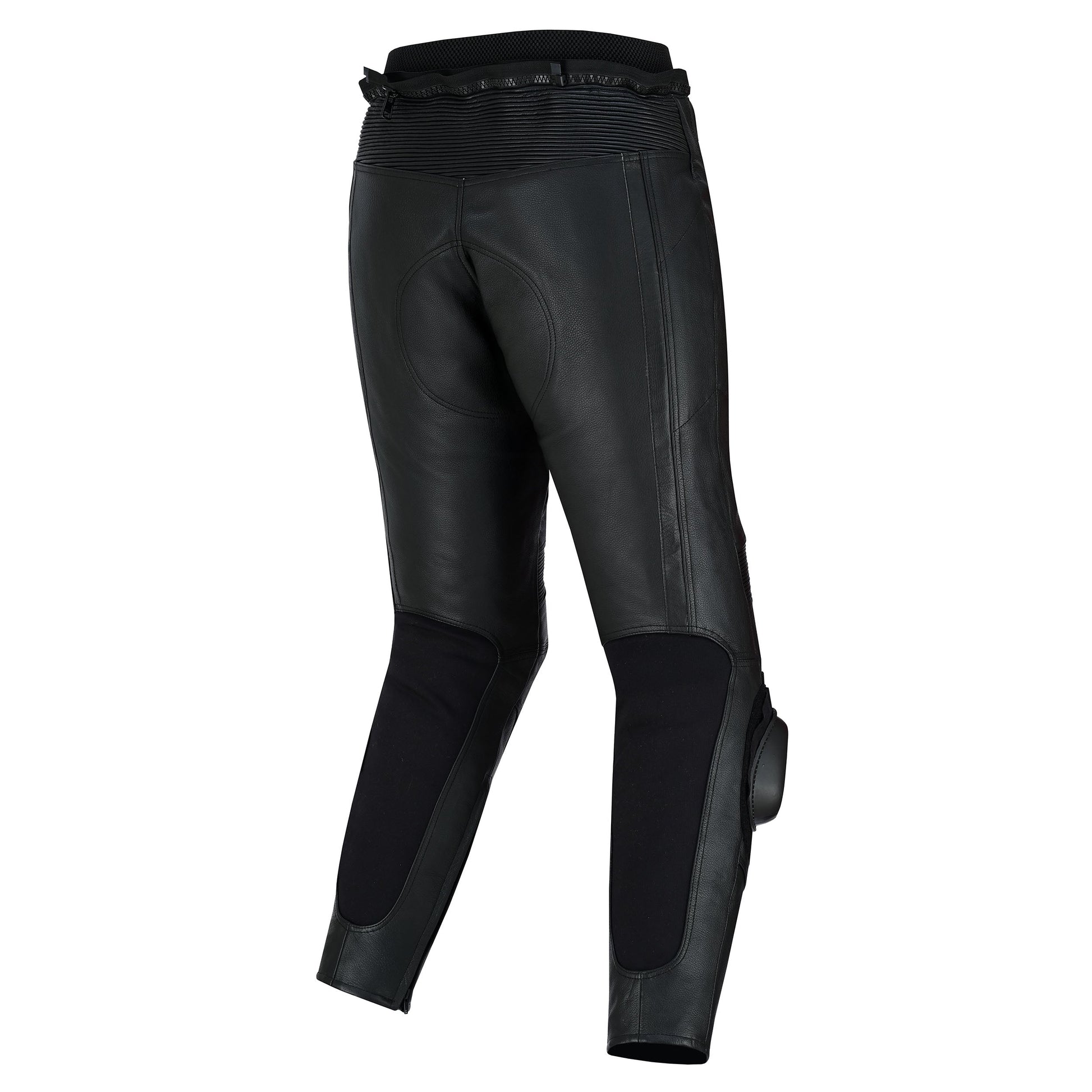Angled rear view of the black leather trousers, emphasizing the large stretch panel on the back of the legs for mobility and the contoured fit around the seat.