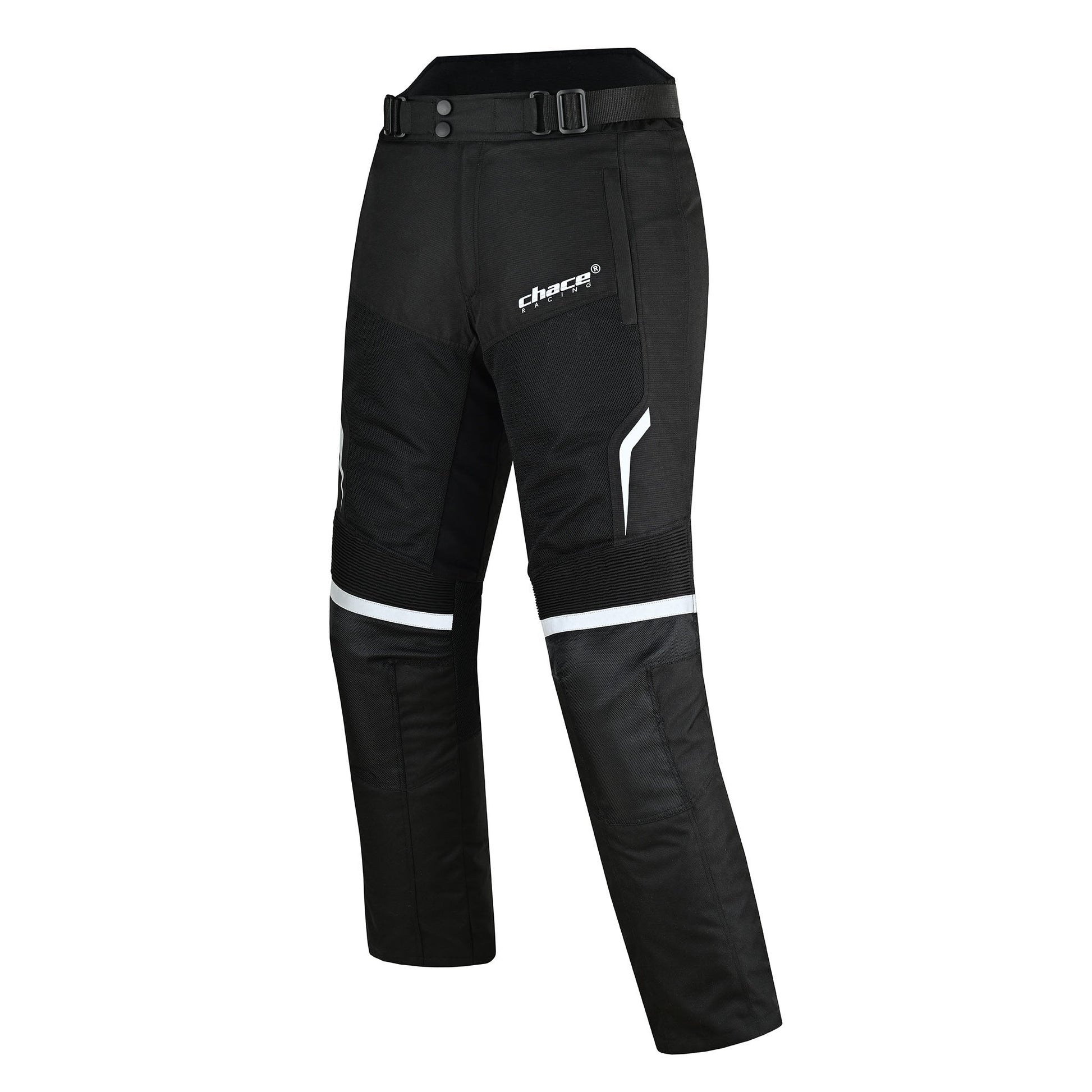 Angled three-quarter front view of the black textile motorbike trousers, showing the knee accordion panel and the bold white reflective band wrapped around the knee.