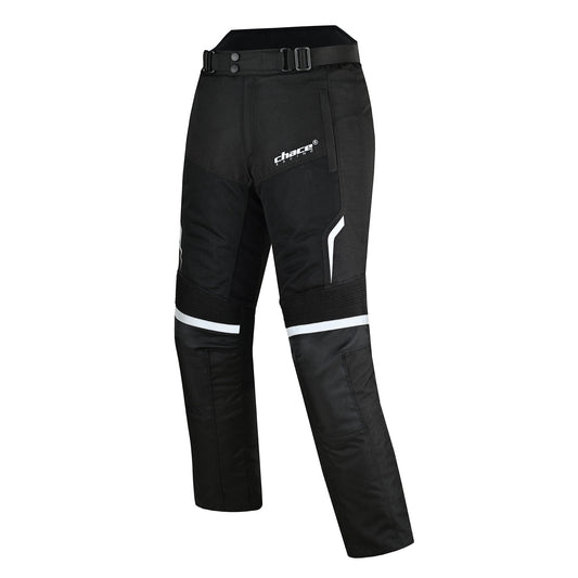 Angled three-quarter front view of the black textile motorbike trousers, showing the knee accordion panel and the bold white reflective band wrapped around the knee.