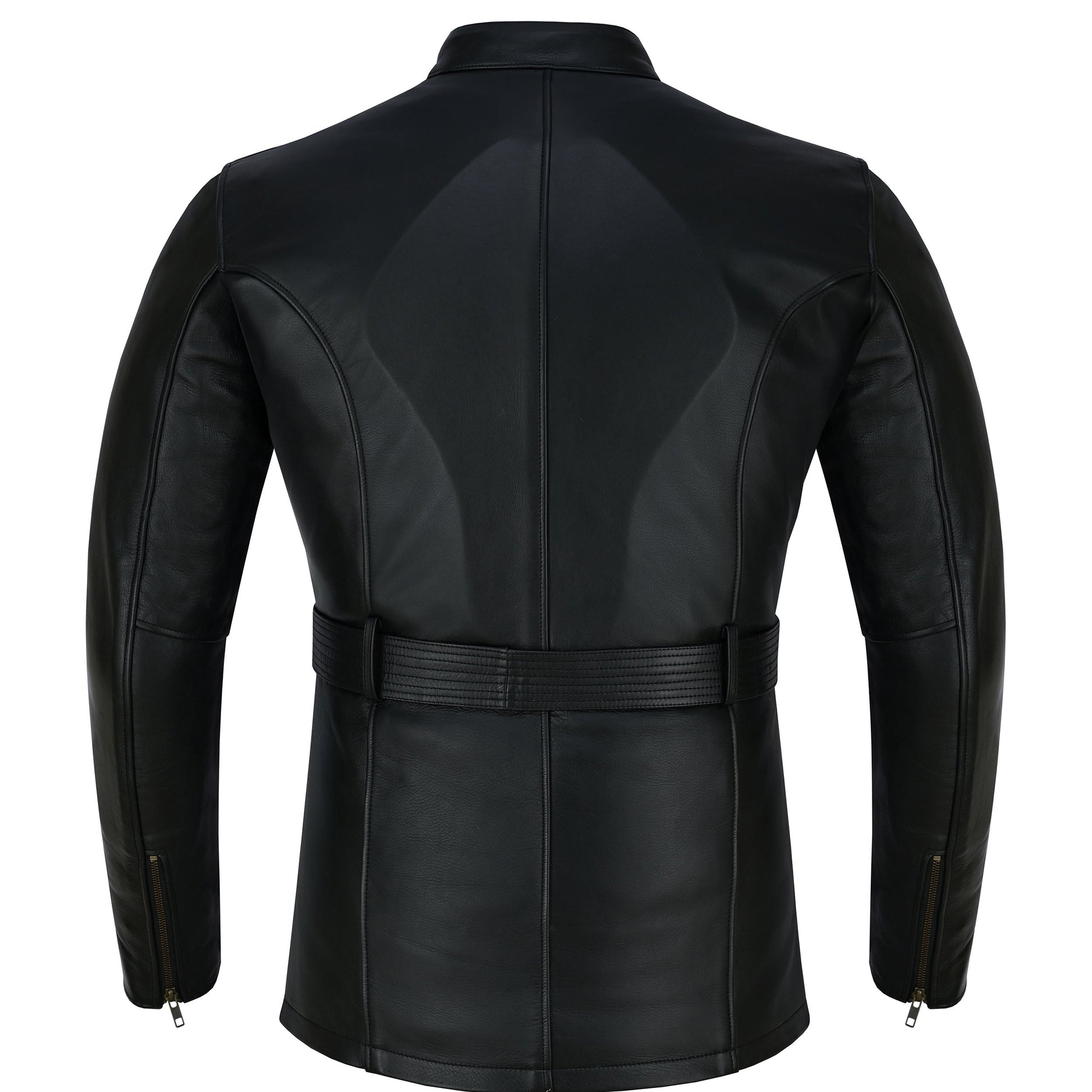 Full back view of the black leather jacket, showcasing the smooth leather back panel, the adjustable waist belt, and the zippered sleeve cuffs.